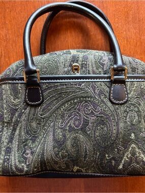 Etienne Aigner Green Paisley Satchel with Black Trim and Gold Hardware